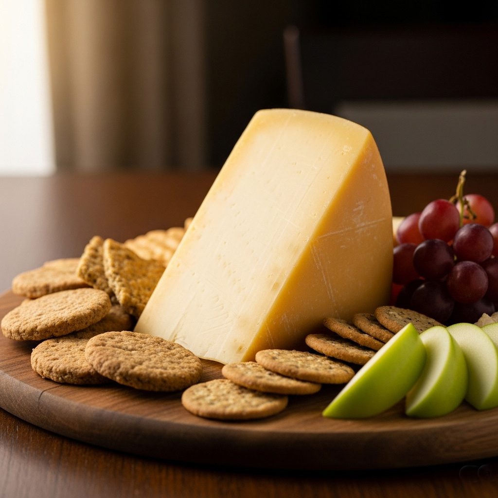 Cheese board with cheddar crackers and grapes