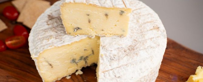 Skegness Blue Cheese 2kg with a wedge cut out.