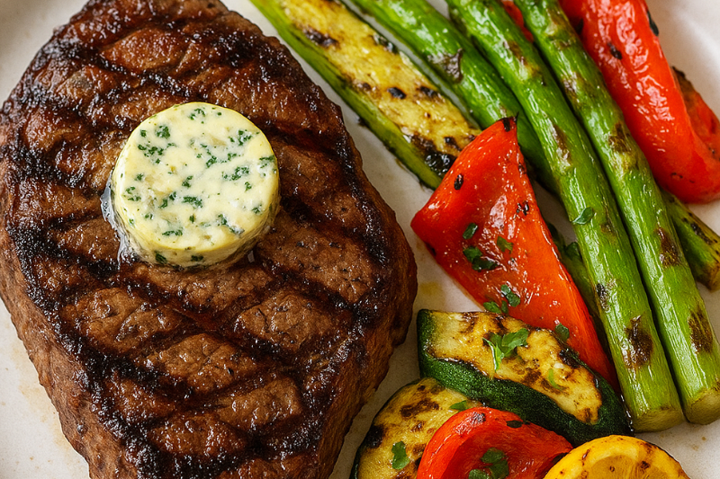 Grilled Steak with Skegness Blue Cheese Butter & Charred Summer Vegetables